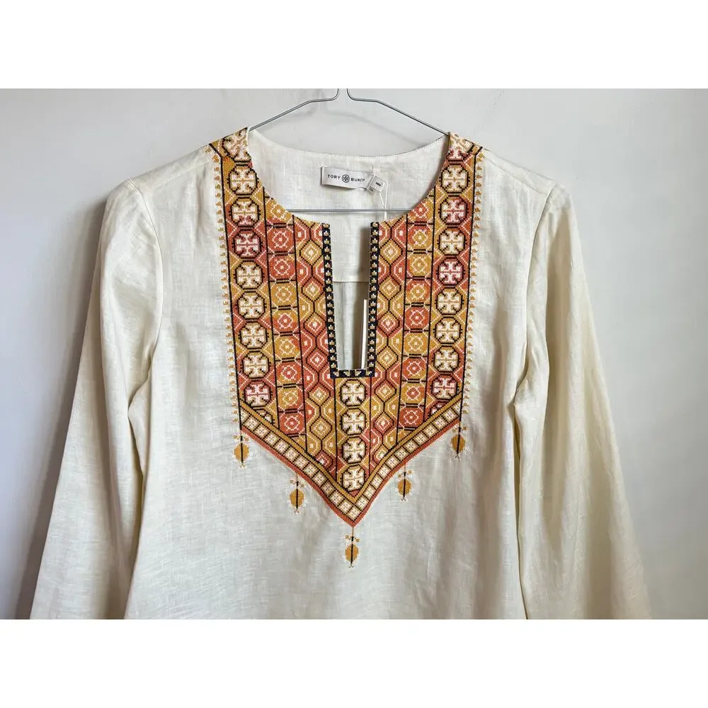 Tory Burch Embroidered Linen Tunic Mini Dress French Cream Women's Size M NWT